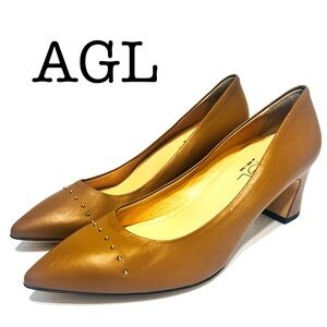 AGL Tan Leather Studded Block Heels Size 39 1/2